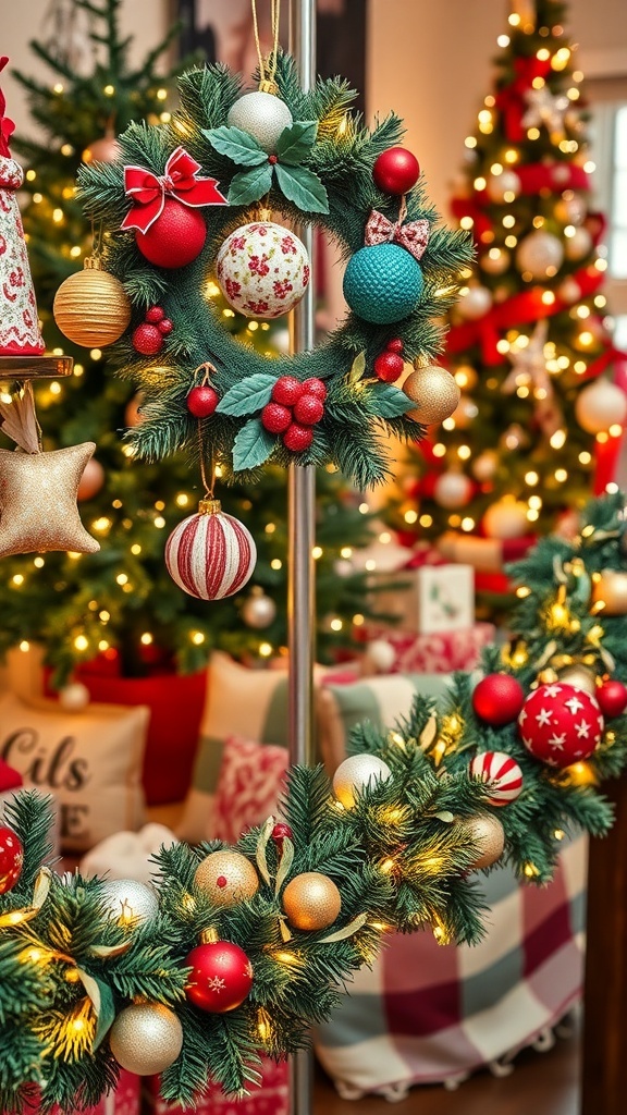 A collection of DIY Christmas decorations including ornaments, a wreath, and garland in a festive setting.